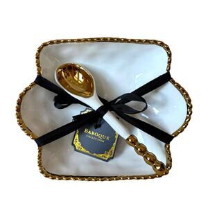 Baroque Collection Serving Bowl w/ Matching Spoon White Ceramic Gold Beaded Rim
